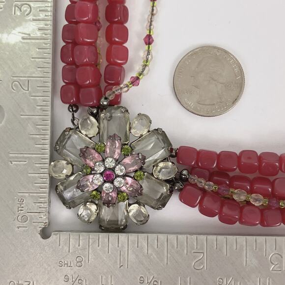 VTG Signed Avon Multistrand Red Bead Rhinestone Statement Necklace Unique Retro - Picture 10 of 11